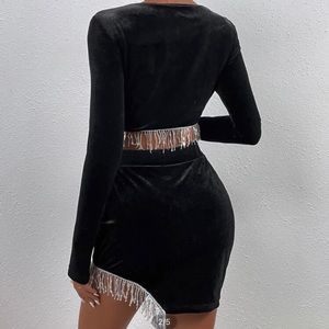 Sequins Fringe Trim Crop Velvet Top & Asymmetrical Hem Bodycon Skirt